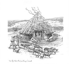 Farmers and a herd of goats outside Iron Age Roundhouse, (c1990-2010) Artist: Judith Dobie.