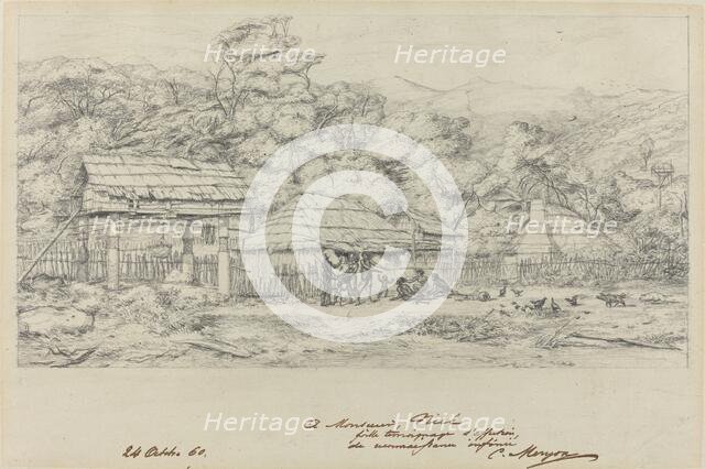 Greniers indigenes et habitations a Akaroa, presqu'Ile de Banks, 1860. Creator: Charles Meryon.