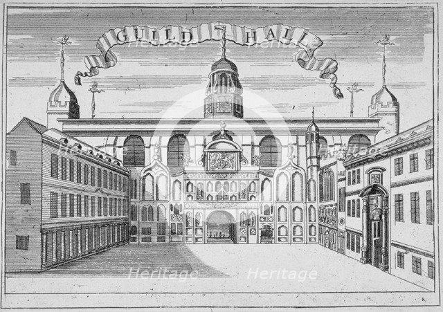 Front view of the Guildhall, looking north across Guildhall Yard, City of London, 1700. Artist: Anon