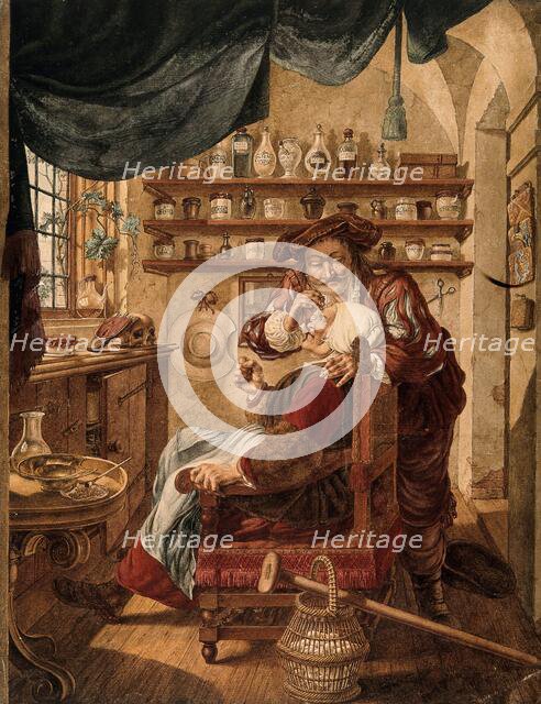 A barber-surgeon extracting stones from a woman's head; symbolising the expulsion of 'folly..., 1787 Creator: Jacob Cats.
