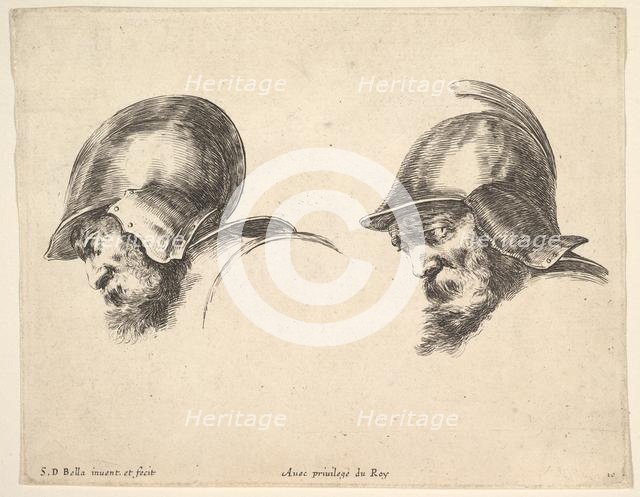 Plate 10: two heads of old soldiers wearing helmets, both facing left and looking down..., ca. 1641. Creator: Stefano della Bella.