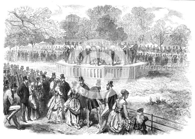 Band of the Life Guards playing on the new platform in Hyde Park, 1869. Creator: Unknown.