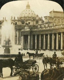 Carriages by the fountain in St Peter's Square, Rome, Italy, c1909.  Creator: George Rose.