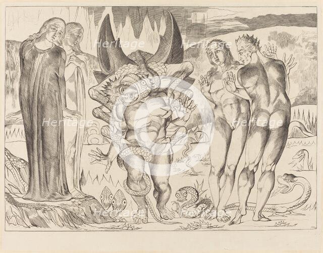 The Circle of the Thieves; Agnolo Brunelleschi Attacked by a Six-Footed Serpent, 1827. Creator: William Blake.