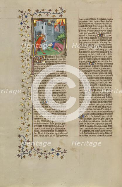 The Wounding of Pyrrhus; Des cas des nobles hommes et femmes, about 1413-1415. Creators: Boucicaut Master, Workshop of the Boucicaut Master.