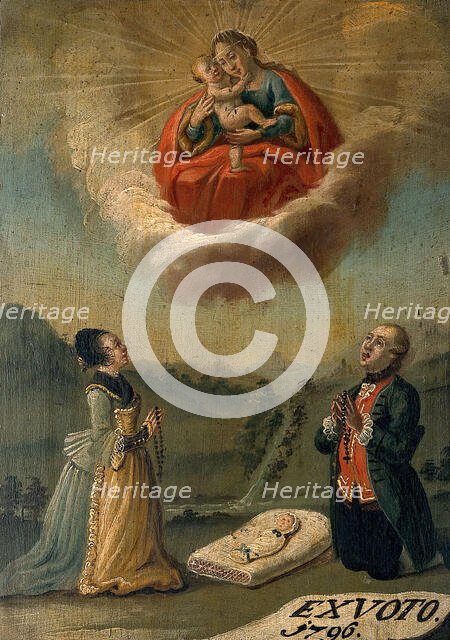 A man and a woman praying to the Virgin and Child for the life of their swaddled baby, 1796. Creator: Unknown.