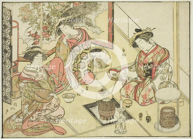 Courtesans of the Okaneya, from the book "Mirror of Beautiful Women of the Pleasure..., 1776. Creator: Shunsho.