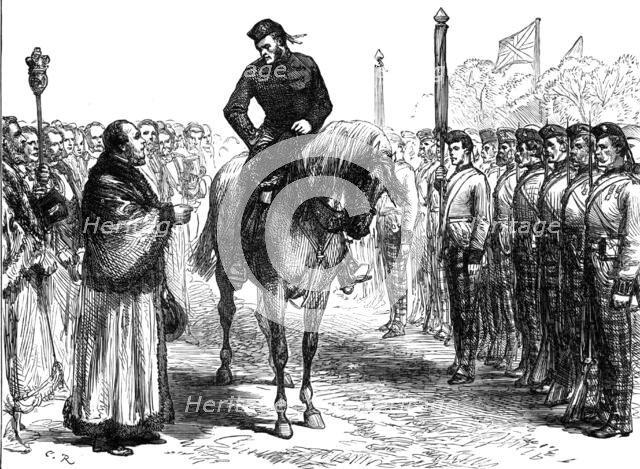 ...troops from the Ashantee War: the Mayor of Portsmouth congratulating the 42nd Highlanders, 1874. Creator: Unknown.