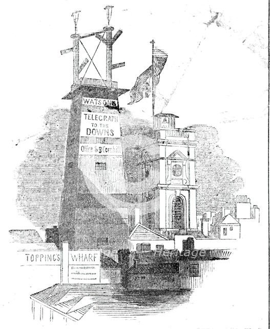 The Telegraph, and Church of St Olaf's before the fire, 1843. Creator: Unknown.