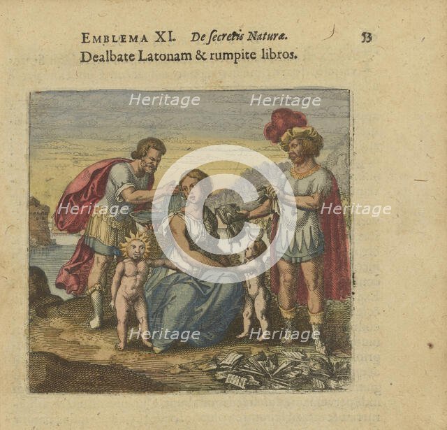 Emblem 11. Machet knows the Latona and tears up the books, 1618. Creator: Merian, Matthäus, the Elder (1593-1650).