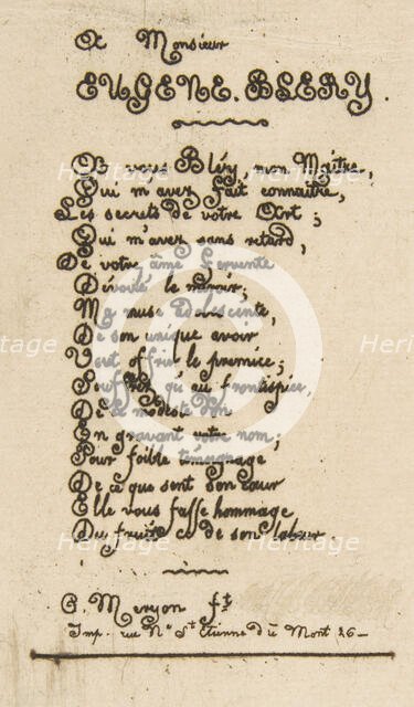 Vers a Eugène Bléry, No 2 (Verses dedicated to Eugène Bléry, No 2), 1854. Creator: Charles Meryon.
