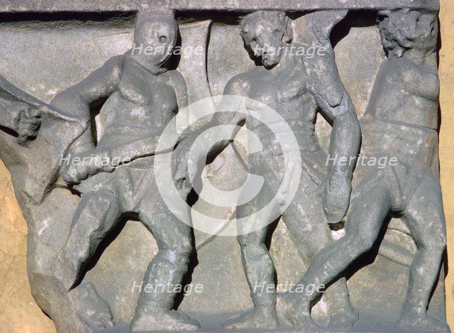 Roman relief of gladiators, 3rd century. Artist: Unknown