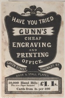 Trade Card for Gunn's Cheap Engraving and Printing Office, 19th century. Creator: Anon.