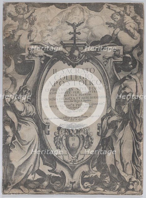 Frontispiece with two figures holding scrolls and cherubs flanking the cartouche at cen..., 1606-07. Creator: Raffaello Schiaminossi.