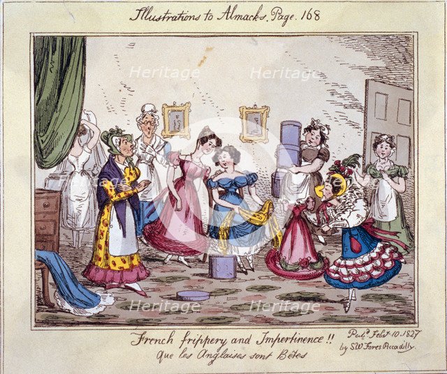 'French frippery and impertinence!! Que les Anglaises sont Betes', 1827. Artist: Edwin Flood