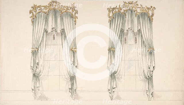 Design for White Curtains with White Fringes and a Gold and White Pediment, early 19th century. Creator: Anon.
