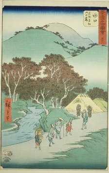 Minakuchi: The Famous Pines at the Foot of Mount Hiramatsu (Minakuchi, meisho Hiramatsu ya..., 1855. Creator: Ando Hiroshige.