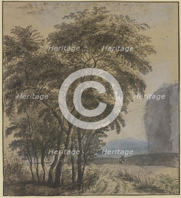 Group of trees, a rock and a man on the right. Creator: Jan Dirksz Both.