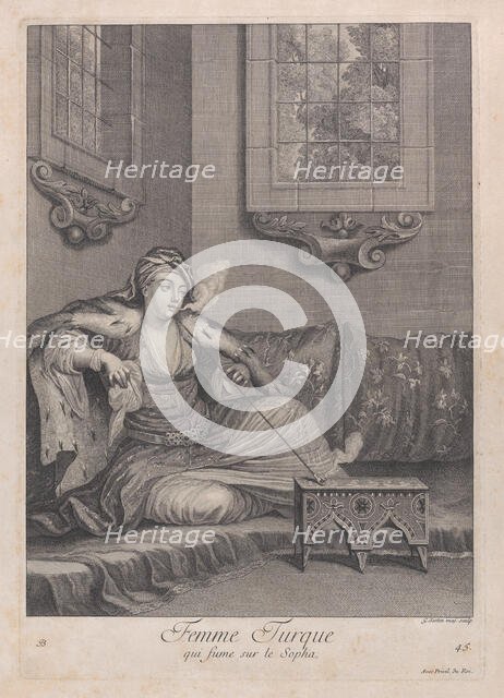 Femme Turque, qui fume sur le Sopha, 1714-15. Creator: Unknown.