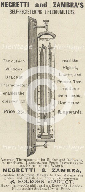 Negretti & Zambra Self Registering Thermometers, 1893. Artist: Unknown