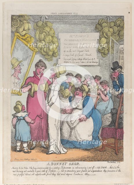 A Bonnet Shop, May 15, 1810., May 15, 1810. Creator: Thomas Rowlandson.