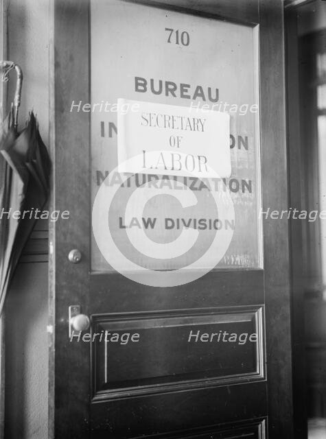 Dept. Of Labor - Sign On Door For Newly Created Office of Sec. of Labor, 1913. Creator: Harris & Ewing.