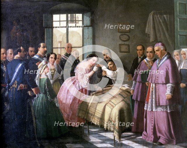 Isabella II (1830 - 1904), Queen of Spain born in Madrid, 'The Queen visiting a hospital,' Oil p…