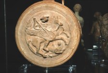 Terracotta Flask with moulded medallion, Bellerophon killing the Chimaera, c300BC-c250BC. Artist: Unknown.