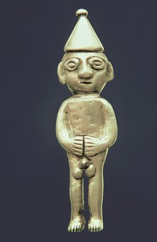 Anthropomorphic figure made of silver representing a male person standing with his hands on the b…