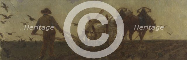 History of wheat: ploughing, sowing, harrowing: Sketch for the drawing room at the school..., 1879. Creator: Paul Albert Baudouin.