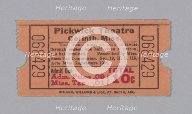 Ticket for the Pickwick Theatre, ca. 1940. Creator: Unknown.
