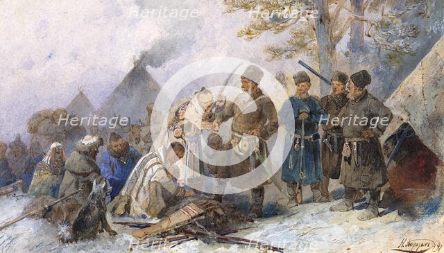 Natives of Siberia Being Brought Under the Tsar's Rule. Kissing the Ataman's Saber..., 19th century. Creator: Nikolay Nikolaevich Karazin.