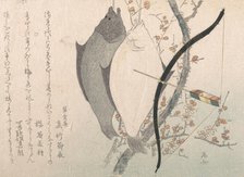 Halibuts and a Bow with Arrow Hanging on a Plum Tree, 19th century., 19th century. Creator: Shinsai.