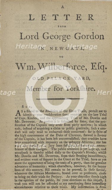 A letter from Lord George Gordon in Newgate, to Wm. Wilberforce, Esq...., 1792. Creator: Unknown.
