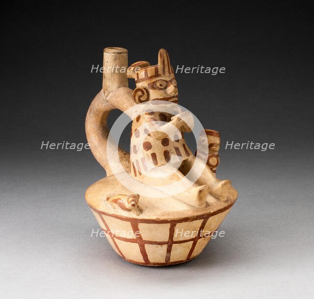 Vessel with a Figure Drinking from Cup, with Small Warrior and Dog, 100 B.C./A.D. 500. Creator: Unknown.