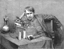 ''Mr.Edison's new Phonograph-Mr. Edison in his Laboratory receiving the first Phonograph from Englan Creator: Unknown.