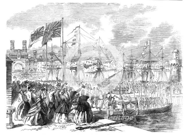 The Prince and Princess of Wales embarking at Dundee for Denmark on Saturday last, 1864. Creator: Unknown.
