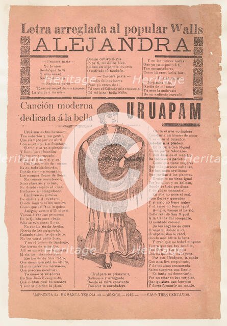 Broadsheet with two narrative love ballads about desirable women, woman wearin..., 1915 (published). Creator: José Guadalupe Posada.