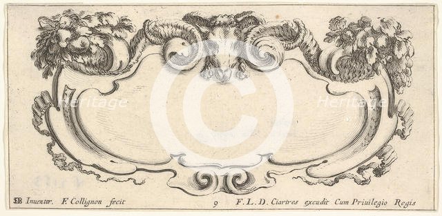Plate 9: a cartouche with the head of a ram at top center, flowers at top left and ..., ca. 1640-45. Creator: Francois Collignon.