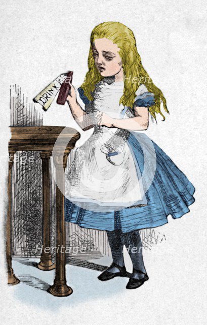 'Alice looking at the bottle with the sign 'drink me''', 1889. Artist: John Tenniel.