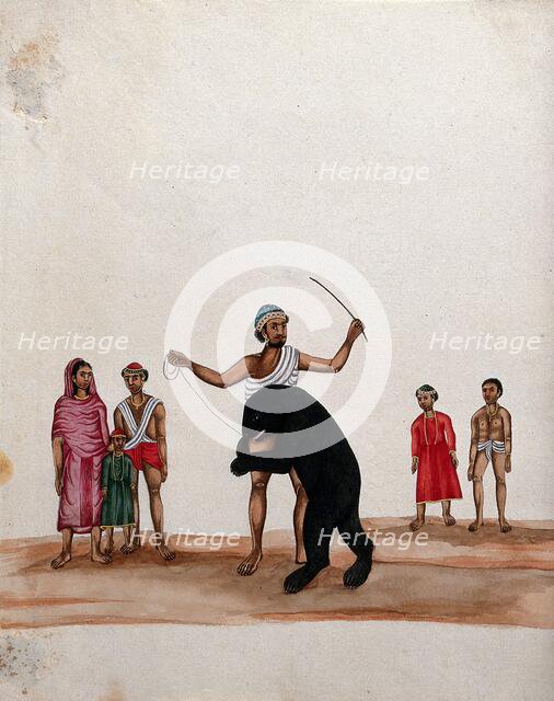 A man with his performing bear watched by a group of people, (between 1800 and 1899?). Creator: Unknown.