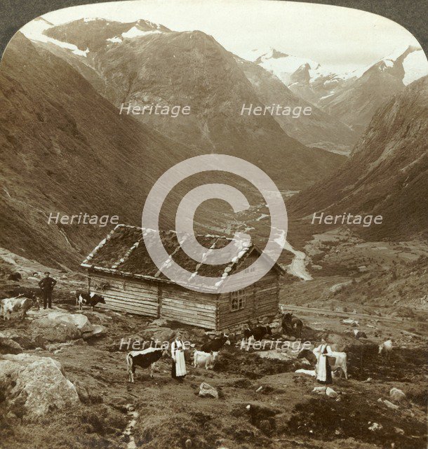 'From the mountain inn at Vidde saeter down the Vidde valley - Mt. Skaala in right distance', c1905. Creator: Unknown.
