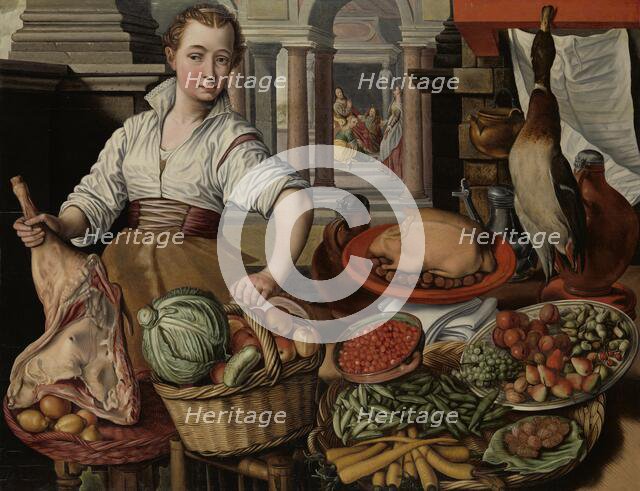 Kitchen Scene, with Jesus in the House of Martha and Mary in the background, 1569. Creator: Unknown.