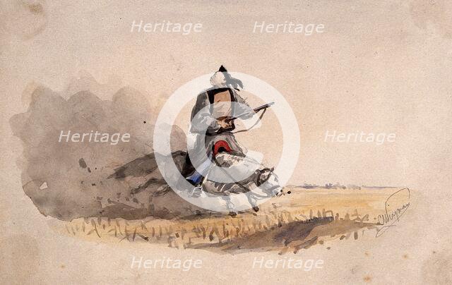 A Chinese soldier bearing a rifle, on horseback, 1857. Creator: Charles Wirgman.