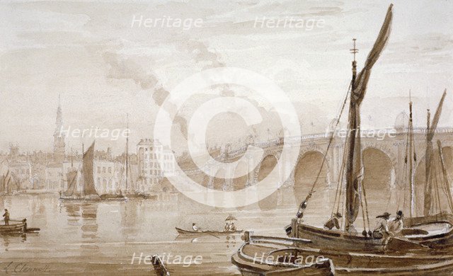 View of Blackfriars Bridge from the Surrey shore, with boats in the foreground, London, c1825. Artist: Luke Clennell