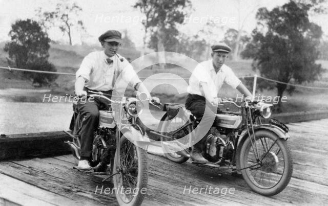 Jack Bain (right in image) and another man on Harlin Bridge, 1926. Creator: Jack Bain.