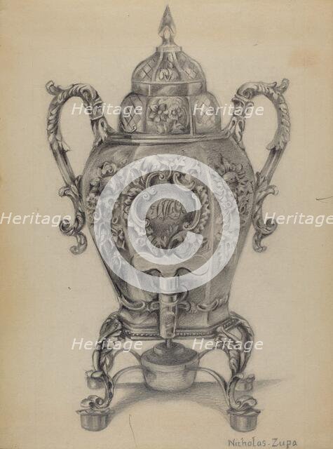 Silver Hot Water Urn, c. 1936. Creator: Nicholas Zupa.