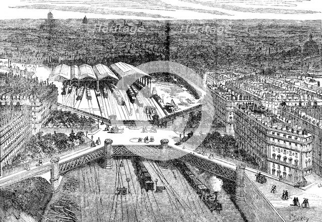 Overview of the European Square in Paris, raised over railroad lines, engraving 1867.