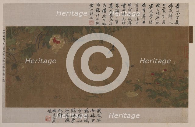 A garden-piece: flowers, fighting grasshoppers, ants and other insects, Ming dynasty, 1368-1644. Creator: Unknown.