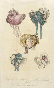 Fashion Plate (Fashionable Bonnets for the Carriage, Public Promenades), 1822. Creator: John Bell.